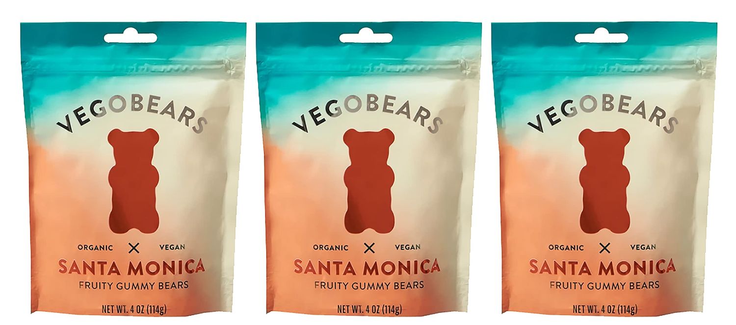 Candy People VegoBears Santa Monica Vegan Gummy Bears Organic Gummy Bears, Non-GMO, Banana, Pineapple, &amp; Strawberry Gummies 4 Ounce (3 Pack)