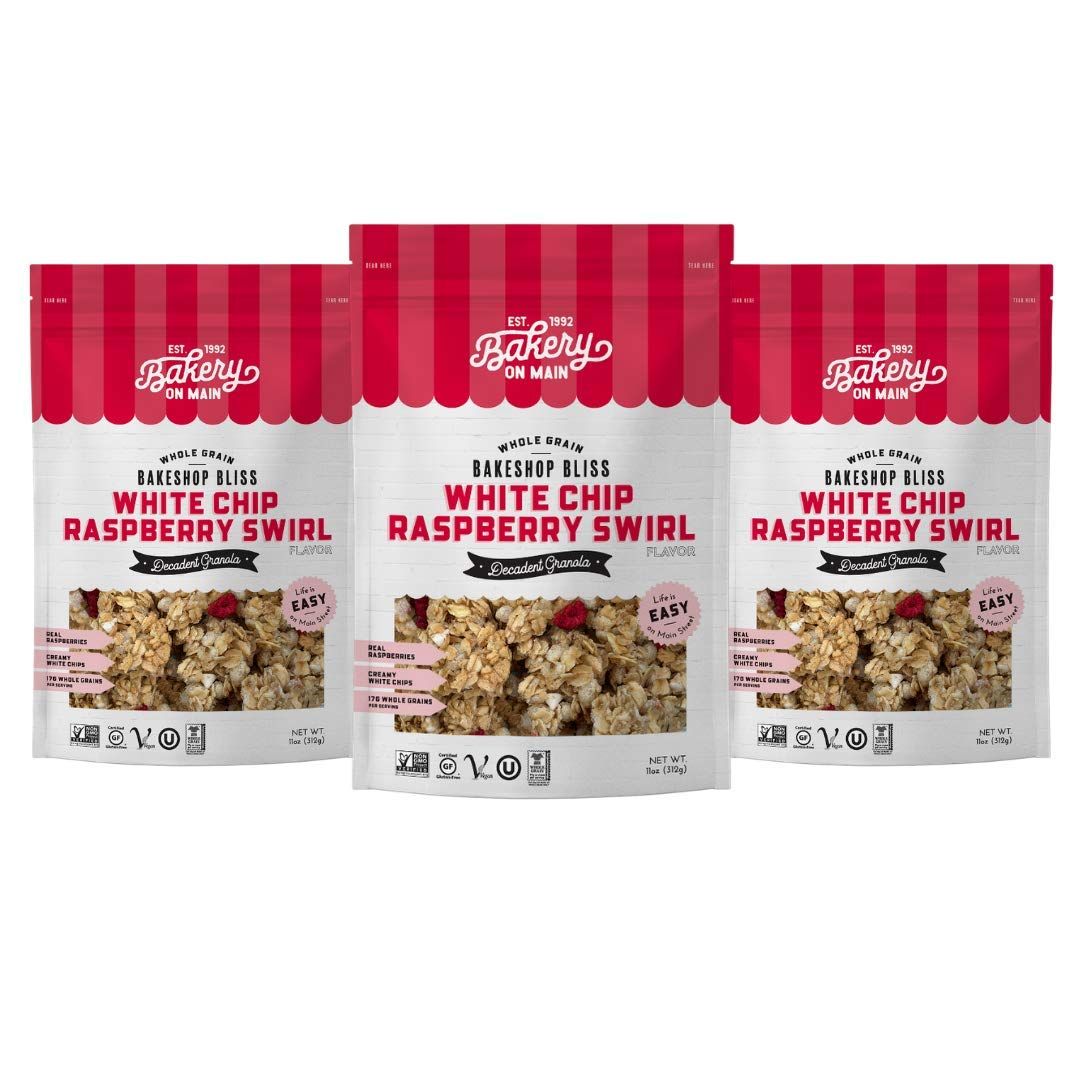 Bakery On Main Decadent Granola, White Chip Raspberry Swirl - Whole Grain Bakeshop Bliss, Gluten-Free, Vegan, Non-GMO, 11oz (Pack of 3)