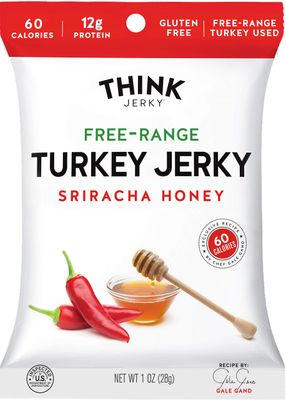 Think Jerky Sriracha Honey Turkey Jerky, Chef Crafted Free Range Turkey, Gluten Free, No Antibiotics or Nitrates, Healthy Chef Crafted Recipe, Low Calorie and Low Fat - 1.0 oz Bags, 8 Pack