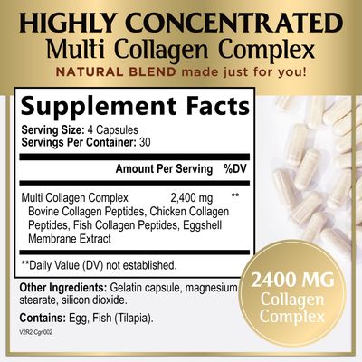 Collagen Peptides for Women & Men - Type I, II, III, V, X Multi Collagen, Hydrolyzed Collagen Supplement Supports Hair, Nail, Skin, Bone & Joint Health with Vital Nutrients & Proteins - 120 Capsules