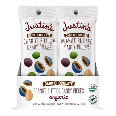 Justin&#39;s Dark Chocolate Peanut Butter Candy Pieces 12pk of 1.5oz bags Organic, Gluten Free, Non-GMO, Responsibly Source, Rainforest Alliance Certified Cocoa