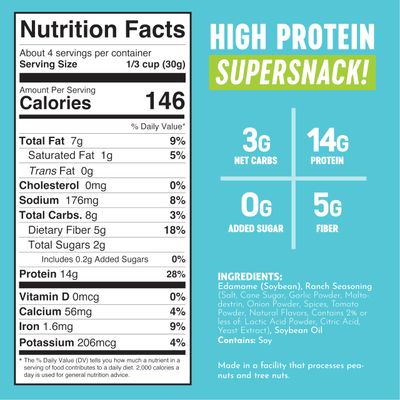 The Only Bean Edamame Dry Roasted Low Carb Snacks (Ranch), Vegan Gluten Free Snacks, Healthy Snacks for Kids and Adults, High Protein Snacks, Keto Snacks, Low Calorie, Diabetic Snacks, 4oz (Pack of 3)