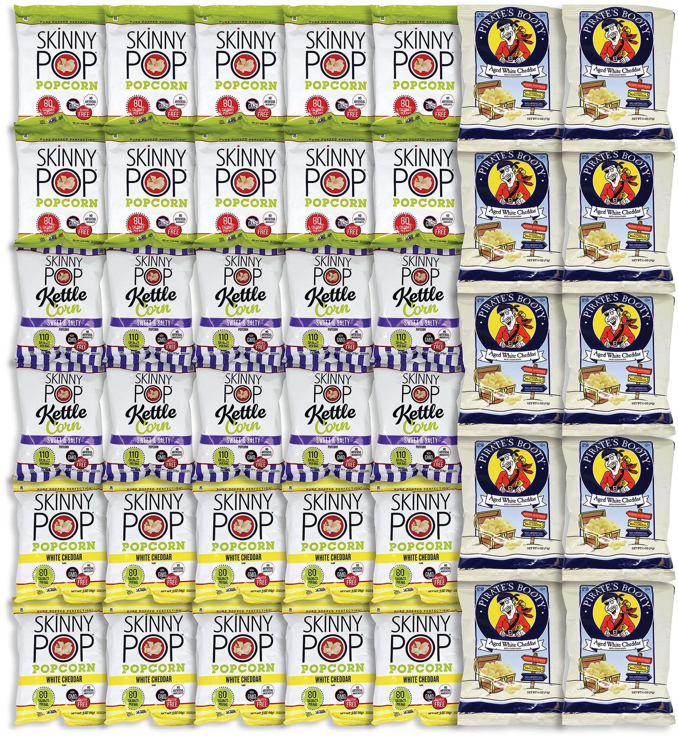 Niro Assortment  Bulk Popcorn, Skinny Pop &amp; Pirate&#39;s Booty Snack Pack - 40 Pack Variety Kit with 4 Delicious Flavors  Individual Popcorn Bags