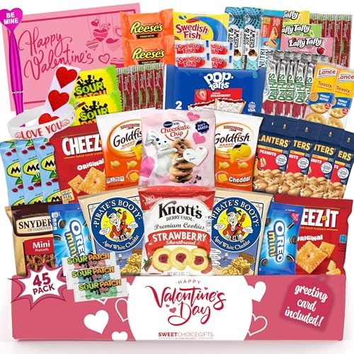 Valentine&#39;s Day Care Package (45ct) Snacks Chocolates Candy Gift Box Assortment Variety Bundle Crate Present for Boy Girl Friend Student College Child Husband Wife Boyfriend Girlfriend Love Niece