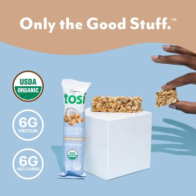 Tosi Cashew Coconut Protein Bars, Plant Based with Nuts, Gluten-Free Crunchy Snacks, Vegan, Organic, Flax & Chia Seeds, Soy-Free, Omega 3s, 6G Protein, 1 oz, 12-Pack
