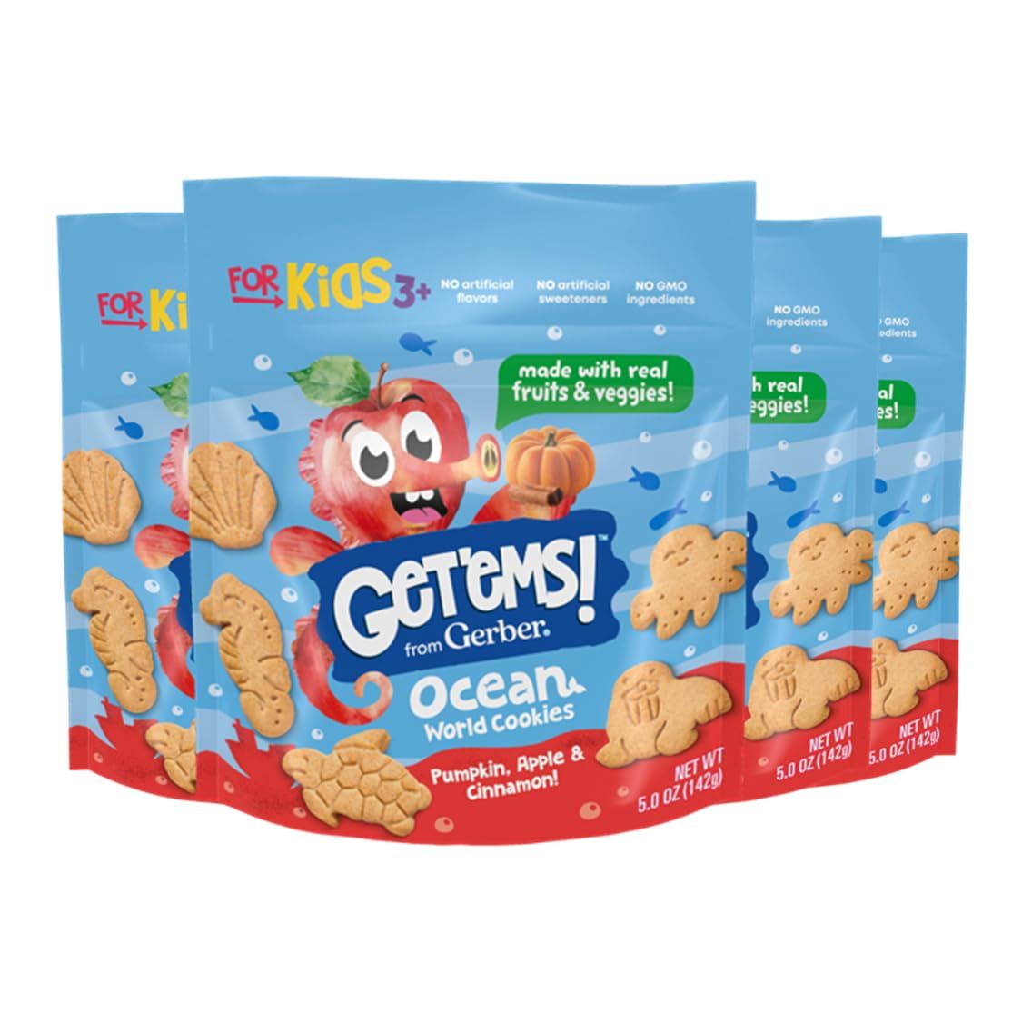 Get&#39;ems! from Gerber Pumpkin, Apple &amp; Cinnamon Ocean World Cookies, Kids Snack Made with Real Veggies &amp; Fruits, Iron &amp; Vitamin E - 4 pack