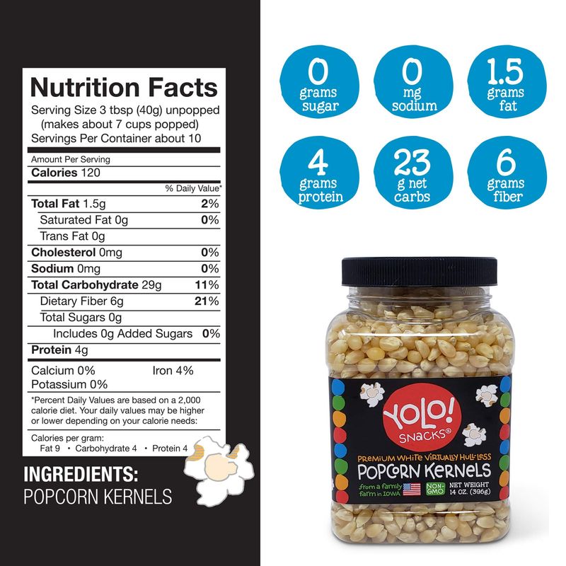 YOLO! Snacks - Gourmet White Virtually Hulless Popcorn Kernels - Small Kernels - Non-GMO - 14oz (3 Pack)