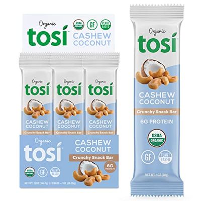 Tosi Cashew Coconut Protein Bars, Plant Based with Nuts, Gluten-Free Crunchy Snacks, Vegan, Organic, Flax &amp; Chia Seeds, Soy-Free, Omega 3s, 6G Protein, 1 oz, 12-Pack