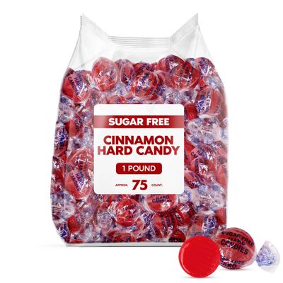 Sugar Free Cinnamon Hard Candy Discs - 1 Pound Zero Sugar Individually Wrapped Red Cinnamon Candy Big Bag For Snacks &amp; Treats - Approx. 75 Count Sugar Free Candy