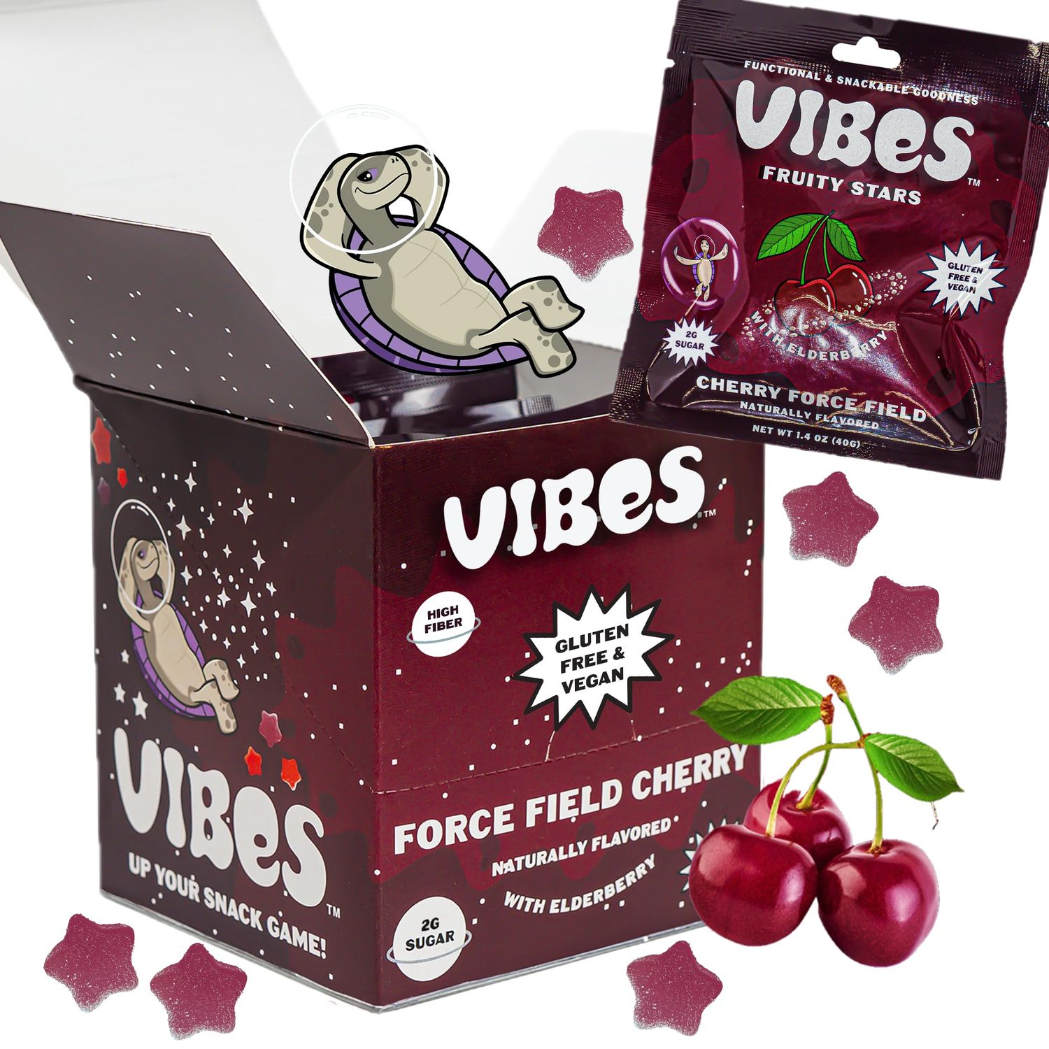 VIBES Cherry Force Field Fruity Stars - Delicious Low Calorie Gluten-Free Bulk Fruit Snacks - High Fiber Healthy Fruit Snacks for Kids, Teens, &amp; Adults -2g Sugar - 6 Packs of 18 Fruit Gummies