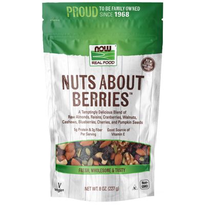 NOW Foods, Nuts About Berries, Delicious Blend of Raw Almonds, Raisins, Cranberries, Walnuts, Cashews, Blueberries, Cherries and Pumpkin Seeds, 8-Ounce (Packaging May Vary)