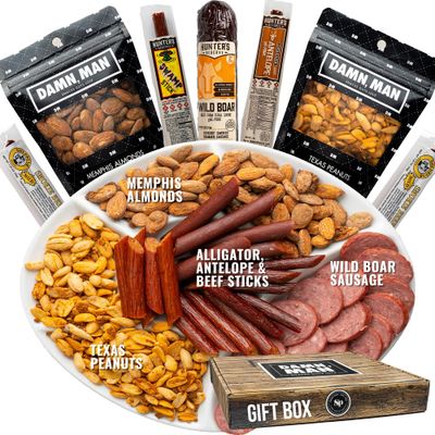 Beef Jerky Gift Basket for Men - Easter, Birthday Gift for Men, Dad - Includes Exotic Jerky Snacks, Alligator, Venison, Boar, Gourmet Nuts, Beef Stick Food Gifts