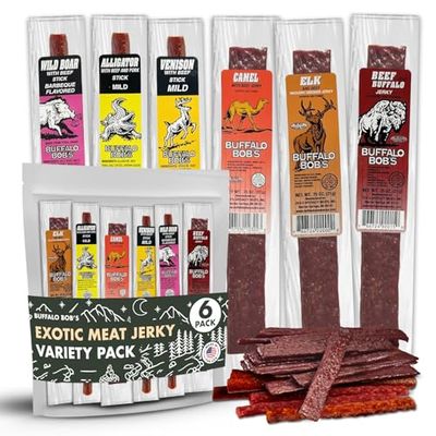 Buffalo Bob&#39;s Wild Game Meat Snacks (6 Pack), Beef Jerky Variety Gift Set, Exotic Assortment Sampler Pack, Assorted Gift Snacks for Men/Dad/Father, Wild Boar, Jerky Sampler, Elk Jerky For Humans