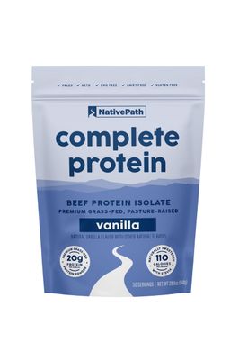 NativePath Complete Beef Protein Powder Isolate - Grass-Fed, Pasture-Raised, Dairy &amp; Lactose Free, Gluten Free, Zero Sugar, MCTs &amp; Amino Acids - 20g Protein, Vanilla Flavor, 30 Servings