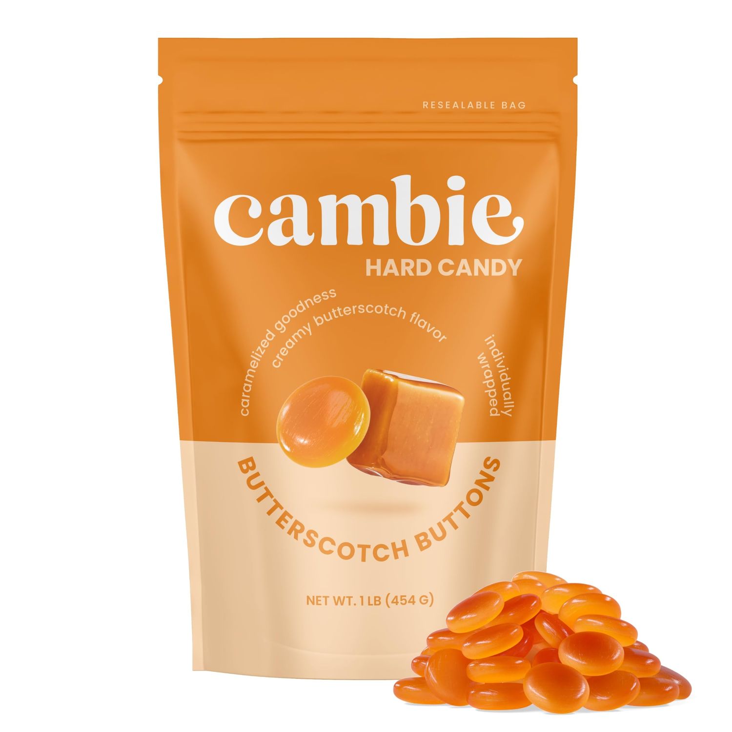 Cambie Smooth &amp; Creamy Butterscotch Hard Candy, 1 Pound Resealable Bag, Individually Wrapped Hard Candy, Ideal Office Snack, Bulk Hard Candy, Premium Butterscotch Hard Candy Treats