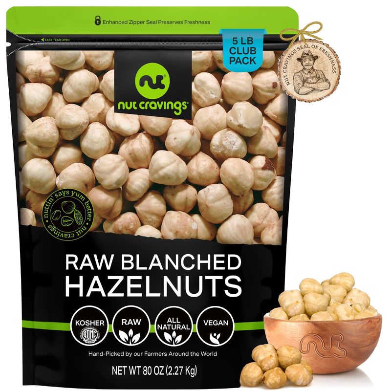 NUT CRAVINGS - Raw Blanched Hazelnuts Filberts - Unsalted, Shelled, (80oz - 5 LB) Bulk Nuts Packed Fresh in Resealable Bag - Kosher Healthy Snack, Natural Keto Vegan - Ideal for Trail Mixed Nuts