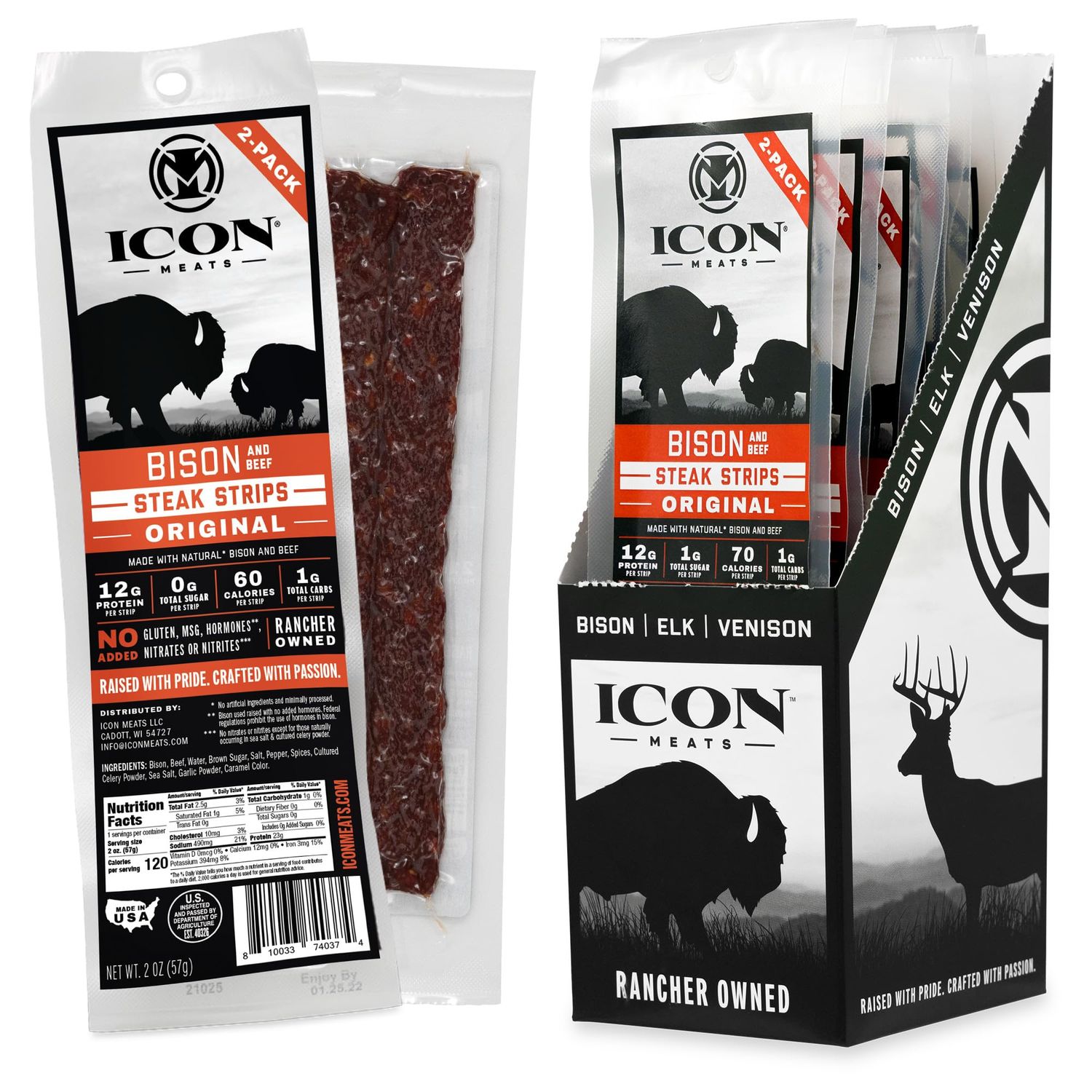 ICON Meats Bison and Beef Jerky Steak Strips - Original Flavor - 8 Packs Per Box, 2 Strips Per Pack, USDA Approved, All Natural Meat Sticks, Diet Friendly, High Protein, Low Calorie, Low Sugar