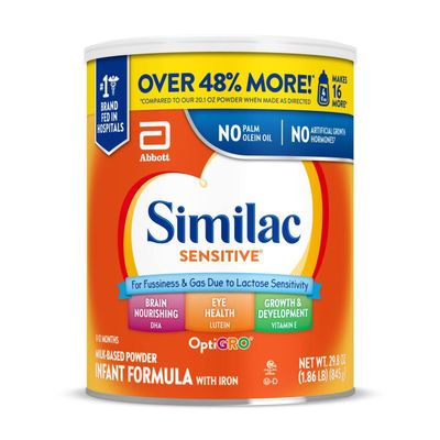 Similac Sensitive Infant Formula, for Fussiness &amp; Gas Due to Lactose Sensitivity, Baby Formula Powder, 29.8-oz Can