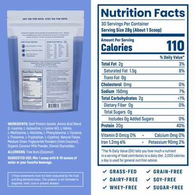 NativePath Complete Beef Protein Powder Isolate - Grass-Fed, Pasture-Raised, Dairy & Lactose Free, Gluten Free, Zero Sugar, MCTs & Amino Acids - 20g Protein, Vanilla Flavor, 30 Servings