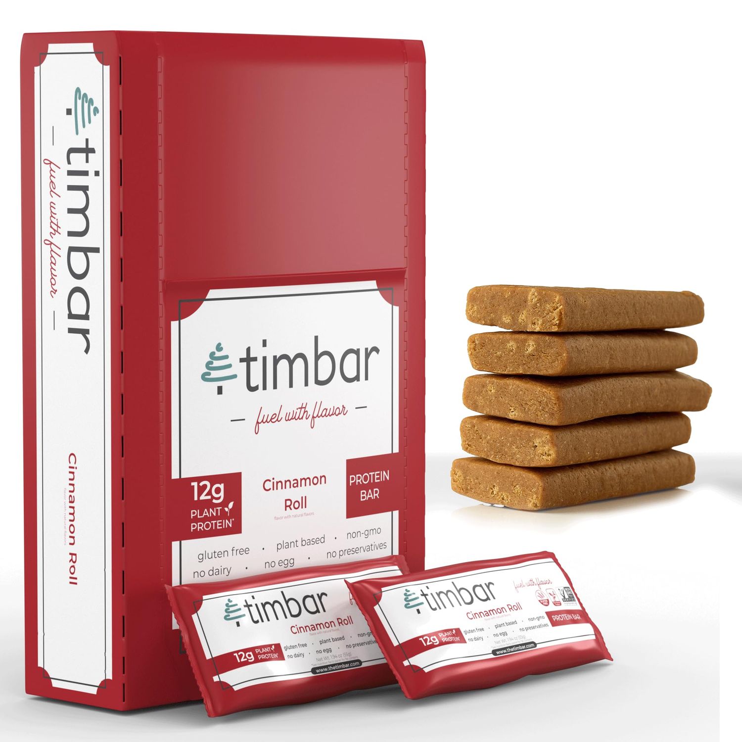 timbar, Protein Bars, Plant Based, Non-GMO, Gluten Free, No Dairy, No Egg, No Preservatives (12 Bars) - 12g of Plant Based Protein Per Bar (12 Pack, Cinnamon Roll)