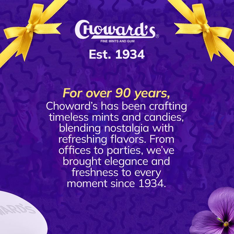 Choward's Violet Mints Candy Bag  Bold Aromatic Flavor  Perfect for Snacks in Lunchboxes, Travel, Sharing, and Gifting  Nostalgic Vintage Candy  3 Pack (49 Individually Wrapped Candy Mints)