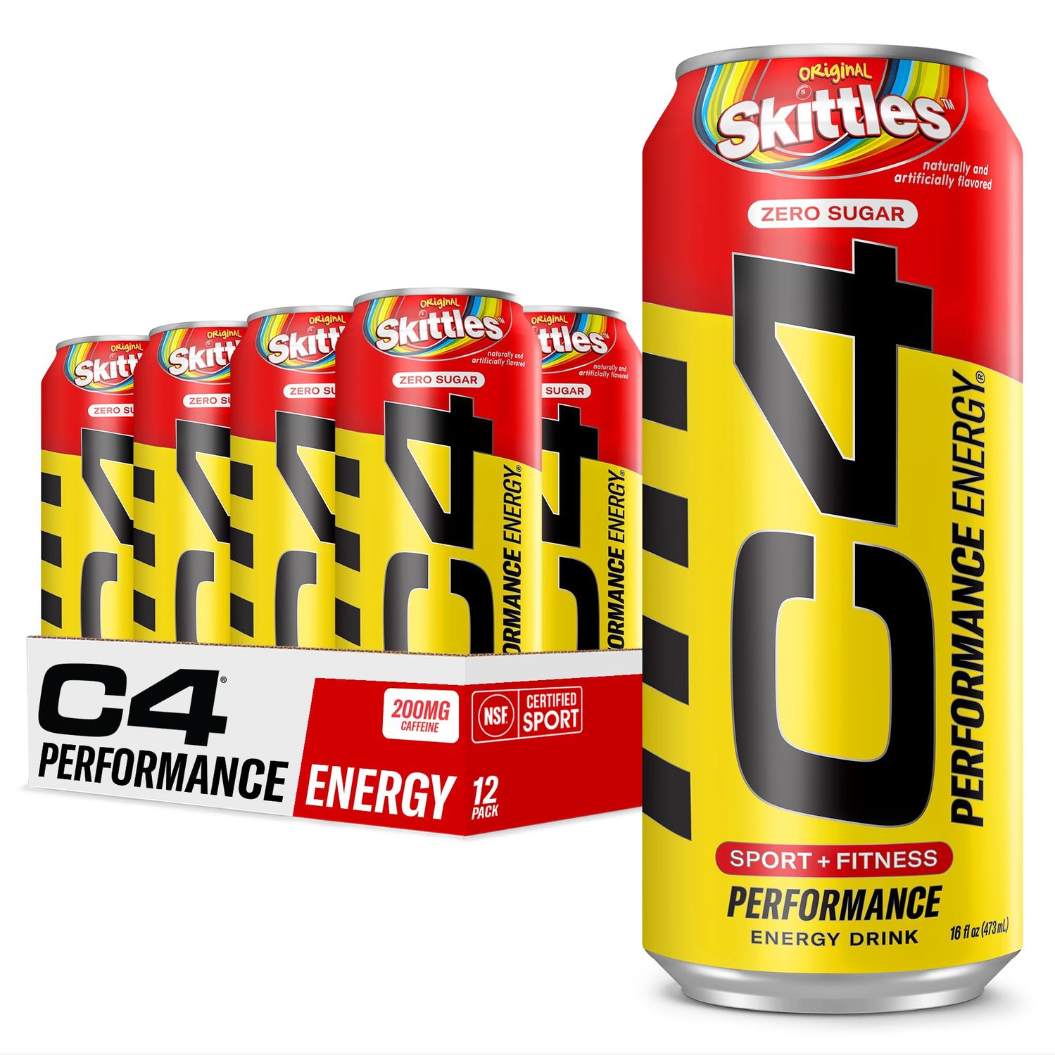 Cellucor C4 Performance Energy Drink  SKITTLES  Zero Sugar Carbonated Preworkout Energy  200mg Caffeine with Beta Alanine  16 Fl Oz (12 Pack)