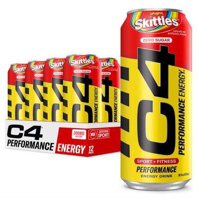 Cellucor C4 Performance Energy Drink  SKITTLES  Zero Sugar Carbonated Preworkout Energy  200mg Caffeine with Beta Alanine  16 Fl Oz (12 Pack)