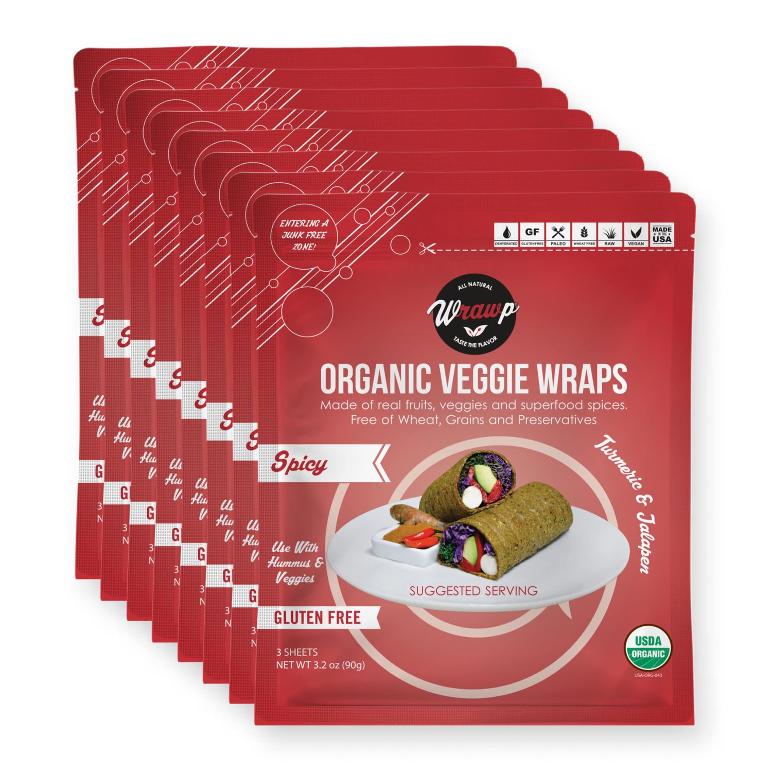 WrawP Organic Mini Veggie Wraps - SPICY (8 pack) Bulk SHELF STABLE, All Natural, Gluten Free, Paleo, Raw Vegan. Perfect for Wraps, flat bread, snack, chips