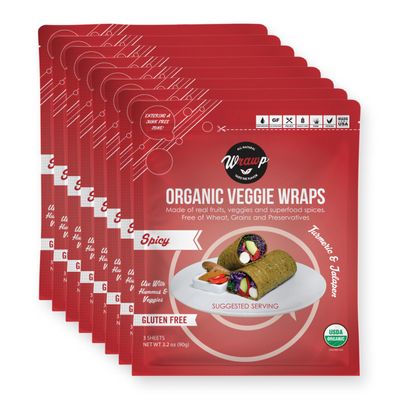 WrawP Organic Mini Veggie Wraps - SPICY (8 pack) Bulk SHELF STABLE, All Natural, Gluten Free, Paleo, Raw Vegan. Perfect for Wraps, flat bread, snack, chips