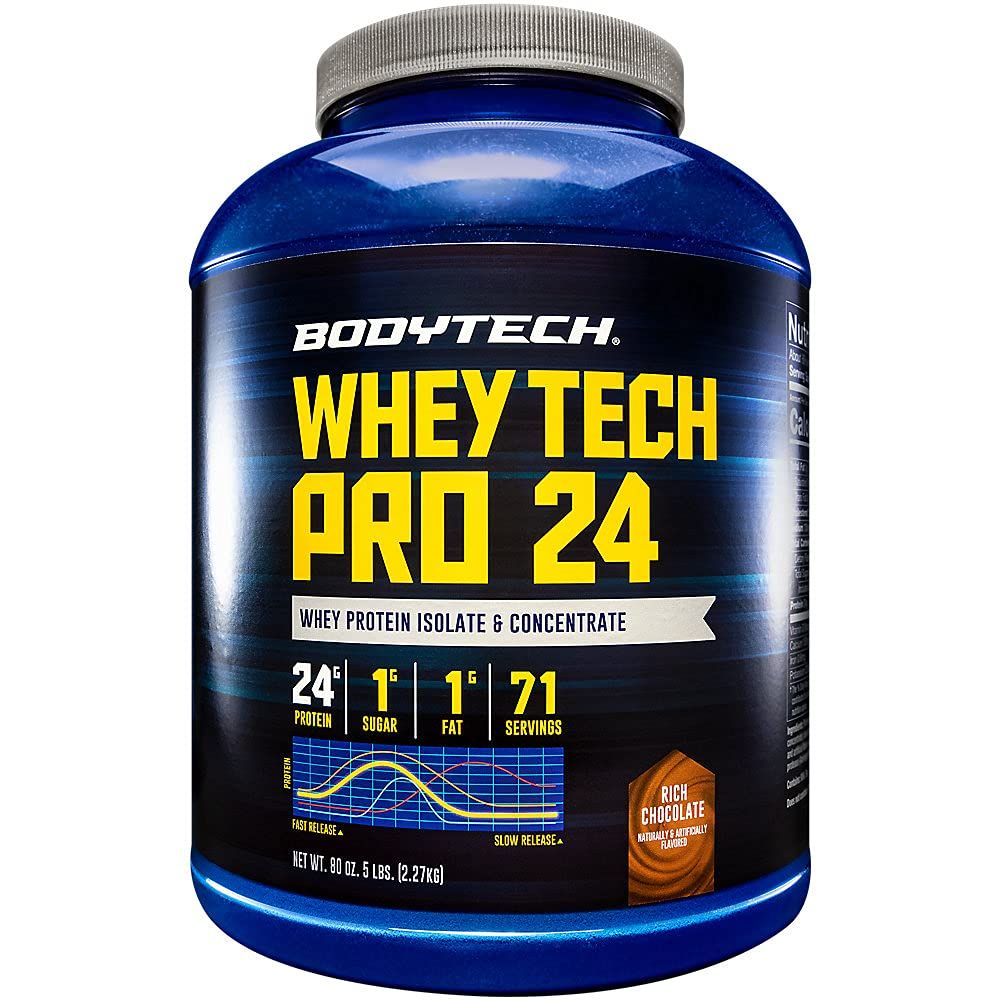BodyTech Whey Tech Pro24 Protein Powder - Rich Chocolate Flavor for Muscle Growth and Recovery, Providing 24g of Protein Per Serving for Optimal Fitness and Performance (5 lbs / 71 Servings)