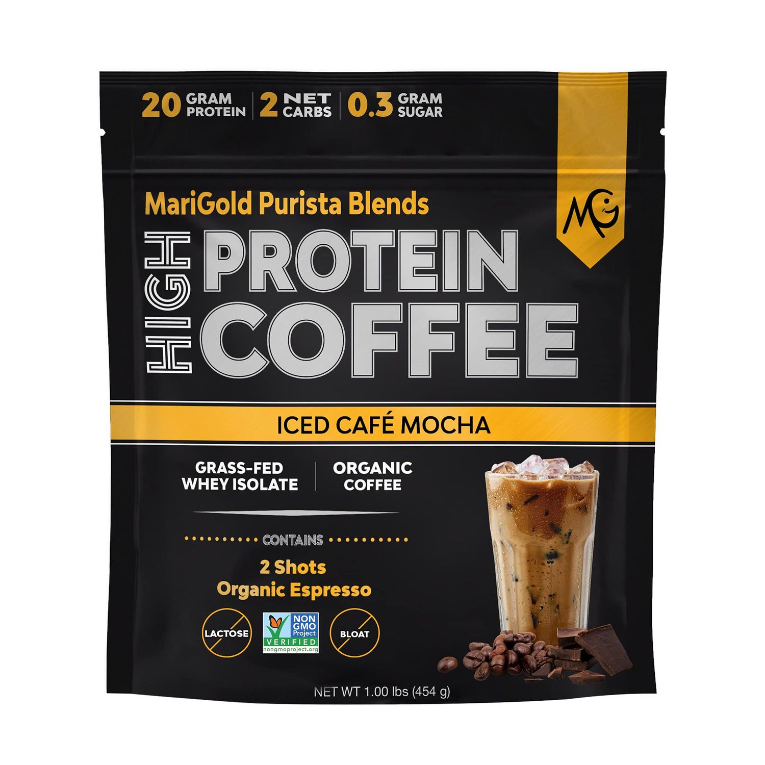 MariGold High Protein Coffee - Iced Caf Mocha, 20g Grass Fed Whey Protein Isolate, Energy &amp; Workout Boost, 2 Shots Organic Espresso, Non-GMO, 2 Net Carb, 1 Lb Bag, 15 Servings