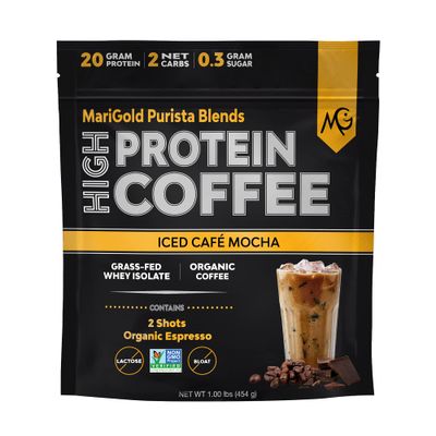MariGold High Protein Coffee - Iced Caf Mocha, 20g Grass Fed Whey Protein Isolate, Energy &amp; Workout Boost, 2 Shots Organic Espresso, Non-GMO, 2 Net Carb, 1 Lb Bag, 15 Servings