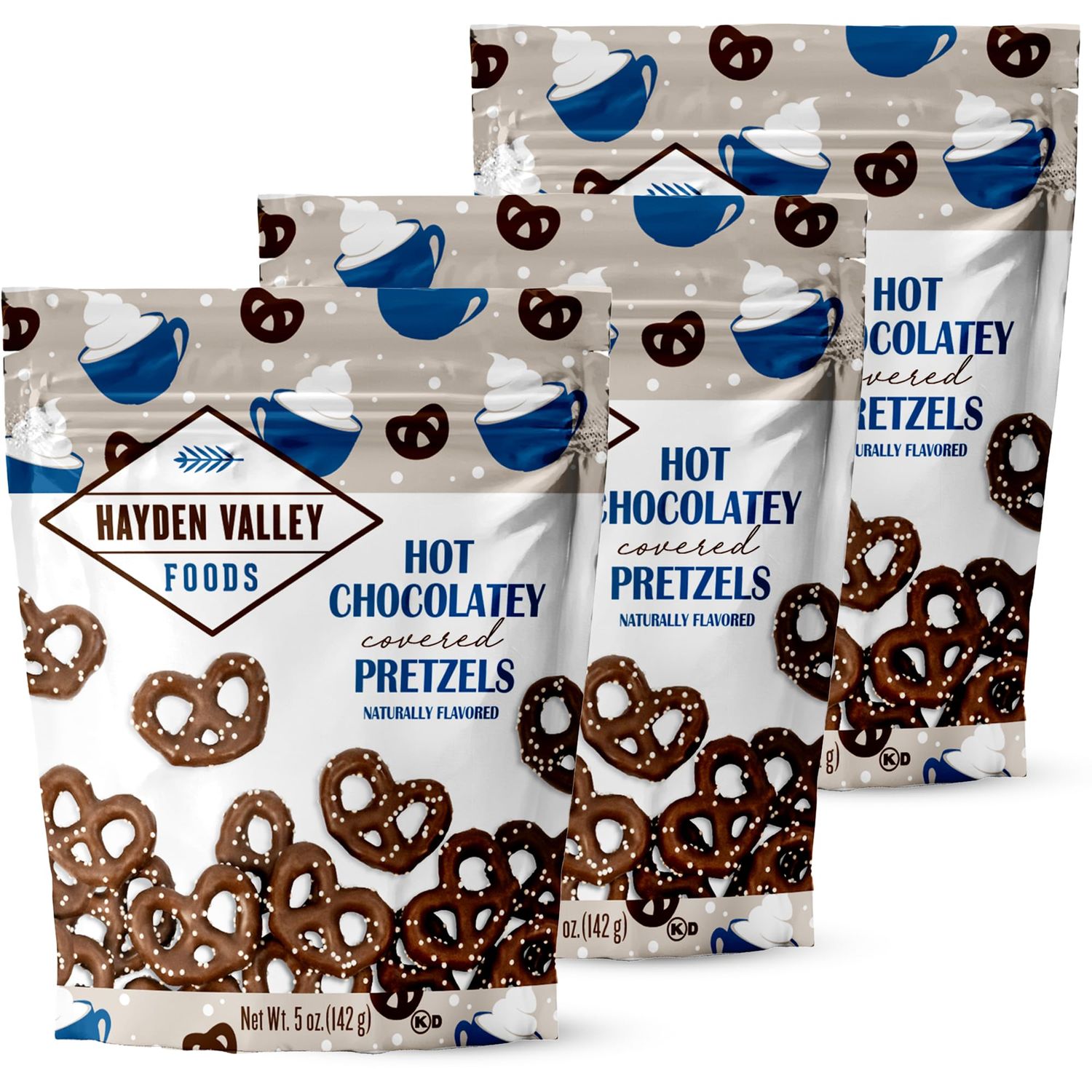 Hayden Valley Foods Hot Chocolatey Covered Pretzels - 5 oz Bags (Pack of 3) - No Artificial Flavors, Preservatives or Colors - Gourmet Bulk Holiday Snacks