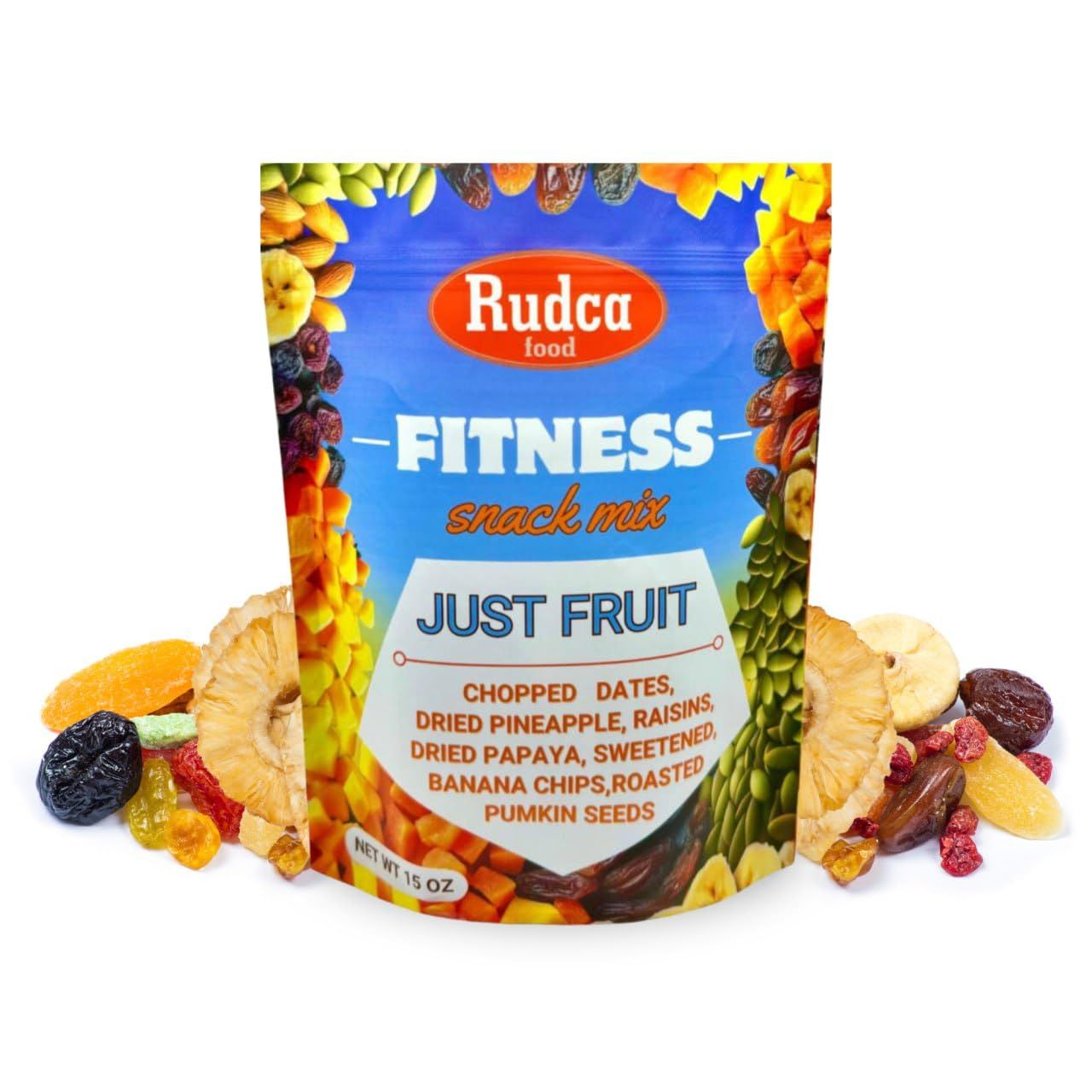 Rudca Food Fitness Snack Dried Fruit Mix - Dates, Pineapple, Raisins, Papaya, Banana Chips, Pumpkin Seeds - Natural Fruit Trail Mix - Healthy Snack for Breakfast - 15 oz (Pack of 1)