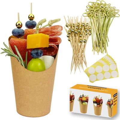 CAMKYDE 50 Charcuterie Cups  200 Cocktail Picks  56 Labels, 12 oz Disposable Charcuterie Cups with Sticks (2 Types), French Fry Cup Brown Paper Appetizer Cup for all Occasions