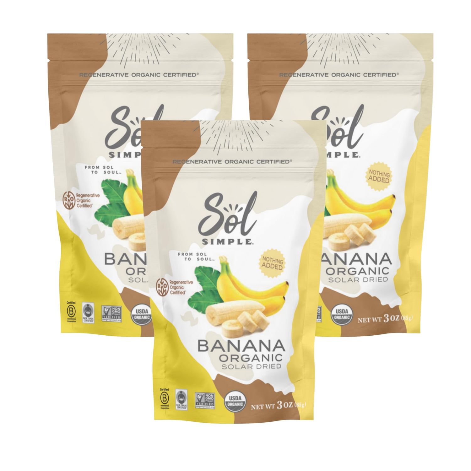 SOL SIMPLE Regenerative Organic Certified, Dried Banana  3oz Snack Pack (3 Bags Total)  Dried Fruit  Vegan  Non-GMO  No Added Sugar  Fair Trade  Organic
