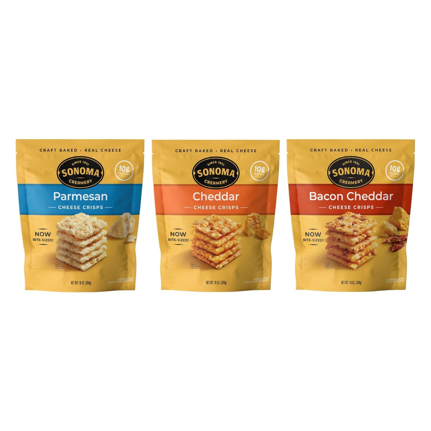 Sonoma Creamery Cheese Crisps - High Protein, Low Carb, Gluten Free &amp; Keto Friendly - Variety Pack (Includes Cheddar, Bacon Cheddar, &amp; Parmesan), 10 Ounces Each (3 Count)