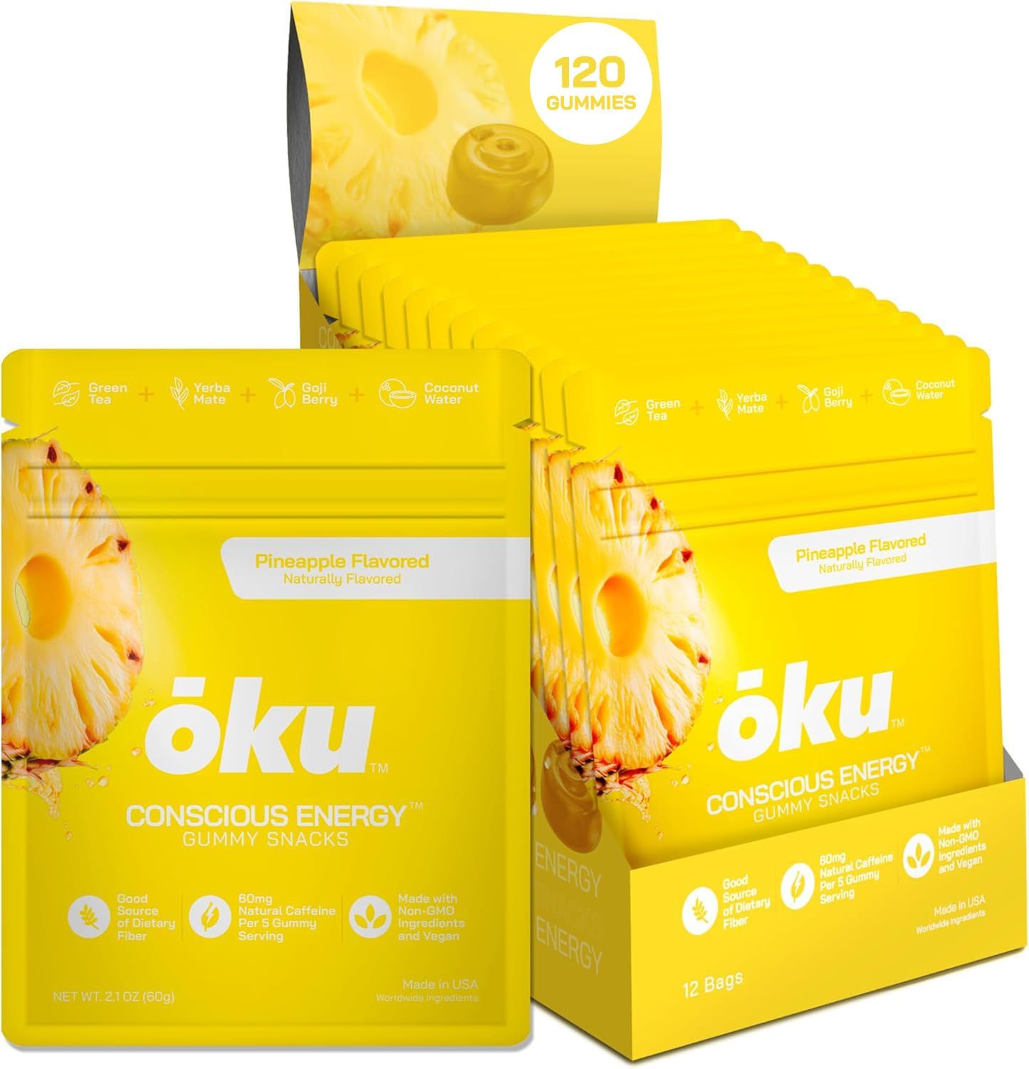 OKU ku Pineapple Energy Chews Pack of 12 - Natural Caffeine with Coconut Water, Allulose &amp; Fiber - Perfect for Runners, Travelers &amp; Anyone Needing a Boost, Non-GMO - Gluten Free - Vegan Snacks