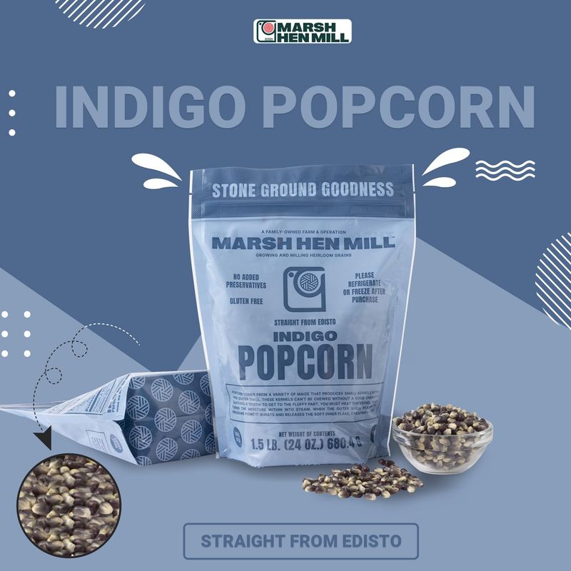 Marsh Hen Mill Indigo Popcorn Kernels  Vibrant Blue Kernels That Pop into Crisp White Flakes  Gluten-Free &amp; Non-GMO  Healthy Snack for Gourmet Popcorn Lovers - 24 oz Bag (Pack of 1)