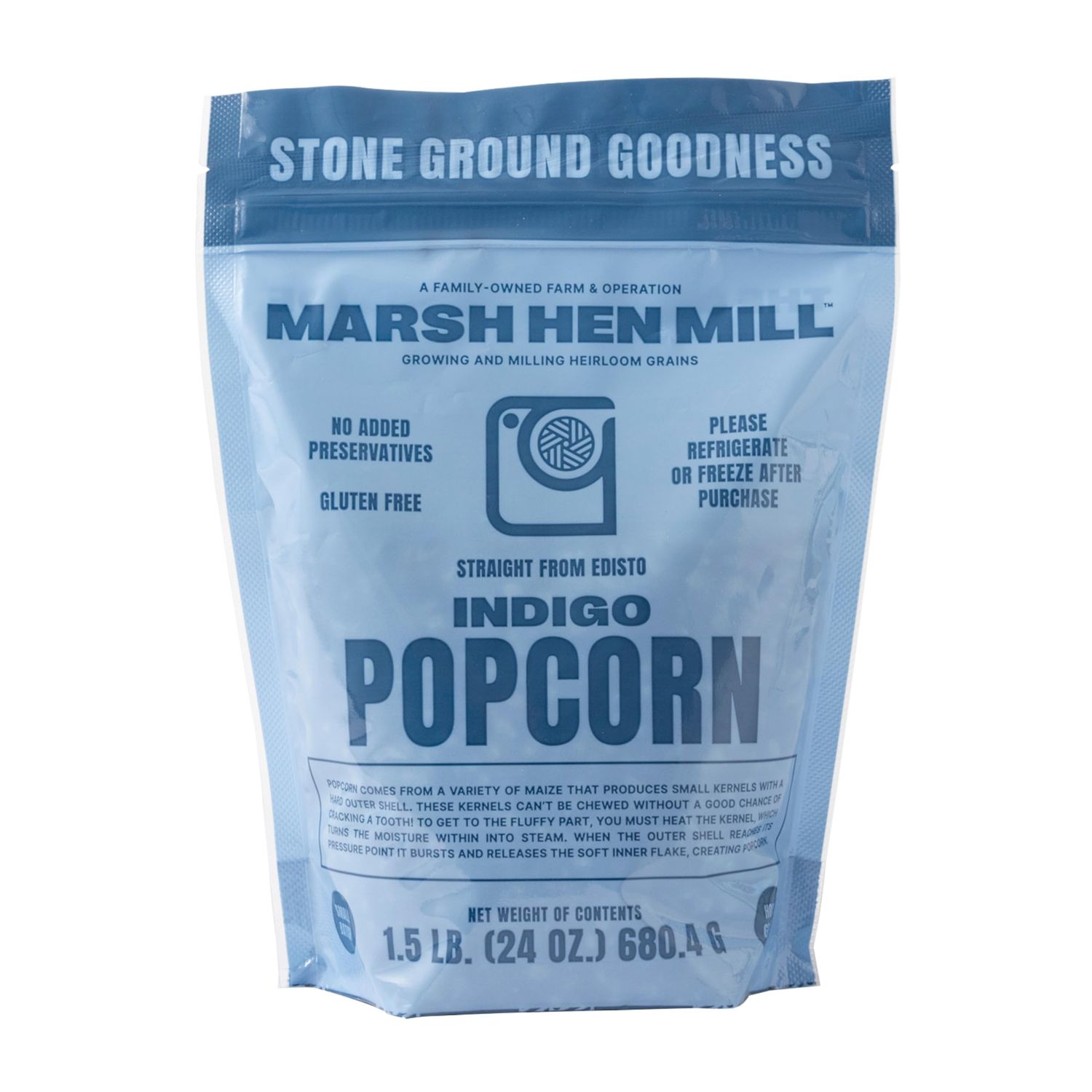 Marsh Hen Mill Indigo Popcorn Kernels  Vibrant Blue Kernels That Pop into Crisp White Flakes  Gluten-Free &amp; Non-GMO  Healthy Snack for Gourmet Popcorn Lovers - 24 oz Bag (Pack of 1)