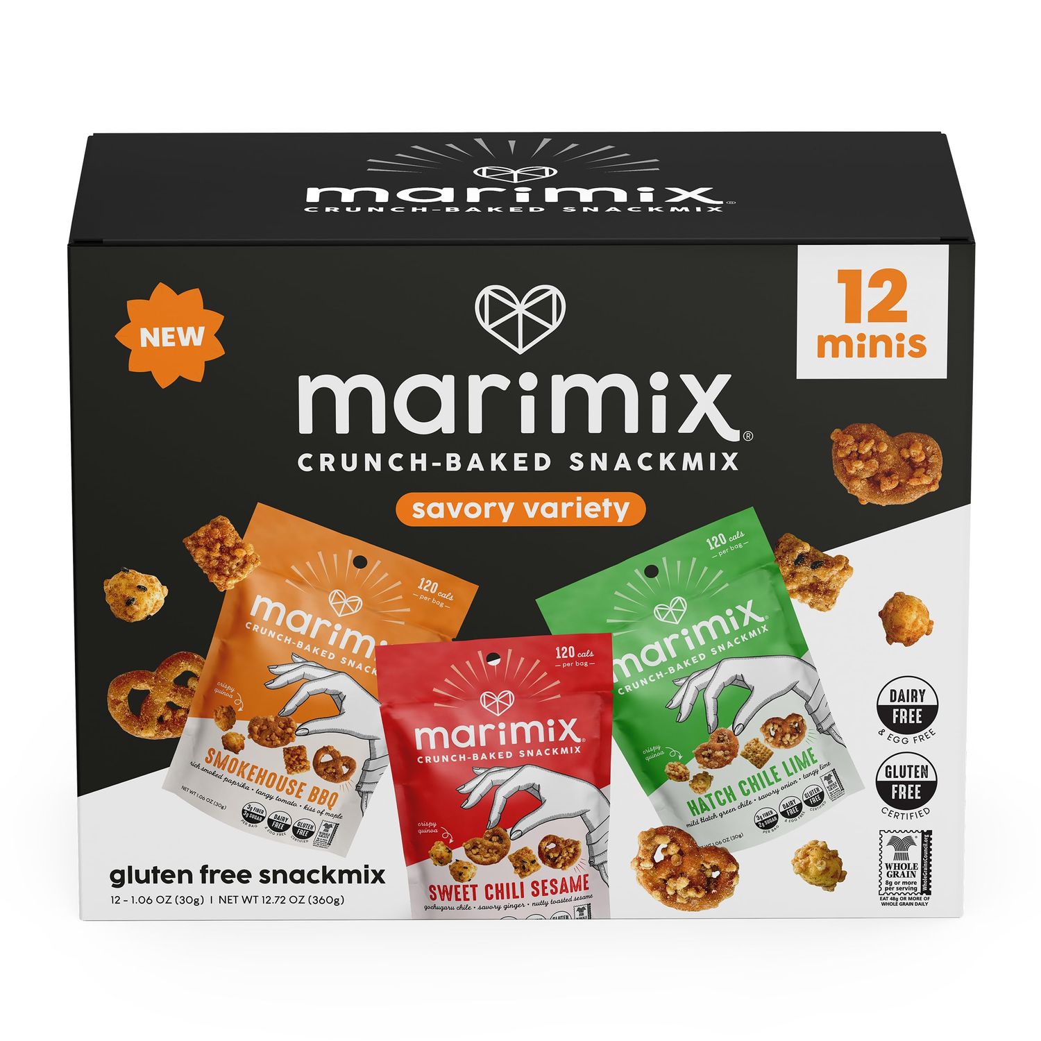 Marimix Snack Mix  Crunch Baked Sweet &amp; Salty Savory Plant Based Naturally Gluten Free Whole Grain Fiber Charcuterie Pretzel Trail Party Mix  No Artificial Ingredients  12 Count (Mini Savory Bundle)