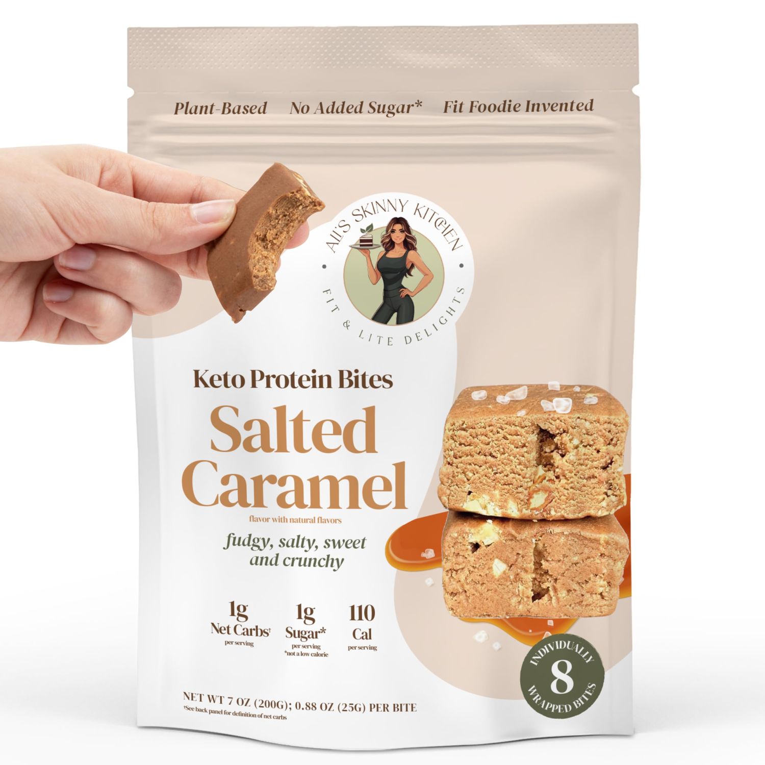 Keto High-Protein Bites - Plant-Based, Sugar-Free, Low-Carb Vegan Protein Bars in Bite-Sized Snack - Gluten-Free, Natural, Clean and Healthy Bites - Caramel Flavor (8 Count) - Alis Skinny Kitchen