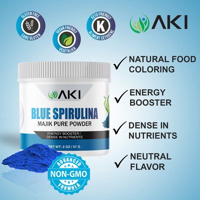 AKI Blue Spirulina Powder - Majik Powder Packed with Ideal Nutrients - Protein Or Food Coloring, Ideal for Smoothies - Non-GMO & Vegan Friendly (2oz/57g)