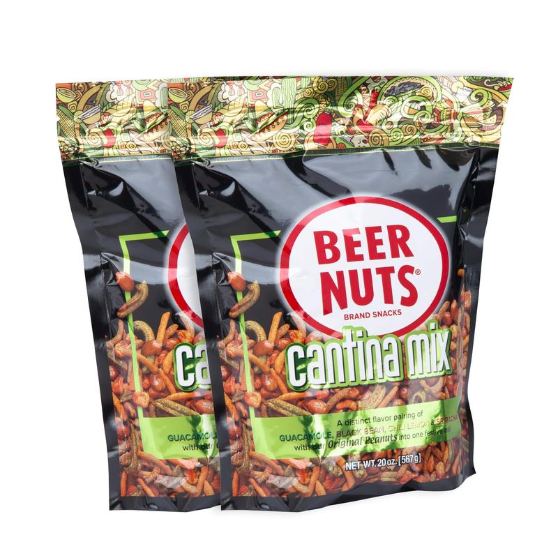 BEER NUTS Cantina Mix with Twang - Twang Seasoned Peanuts, Chili Lime Insane Grain, Guacamole &amp; Habanero Sticks - 20oz Resealable Bag (Pack of 2)