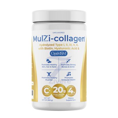 Zivere MulZi-Collagen Advanced Formula: Multi Collagen Peptides Powder with Hyaluronic Acid, Opti MSM &amp; Biotin - Hydrolyzed Protein for Men and Women - Types I, II, III, V, X - Unflavored, 30 Servings