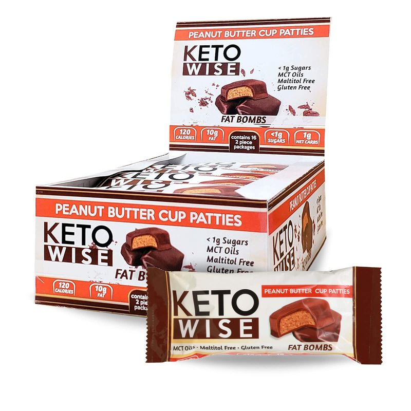 Keto Wise Fat Bombs - Made with Chocolate containing MCT Oil - Low Fat, Low Carb and Keto Friendly Snack - 10g Fat, 1g Net Carbs  Peanut Butter Cup Patties, 16 Count (Pack of 1)