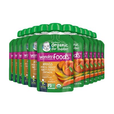 Gerber Organic Baby Food Pouches, Toddler, WonderFoods, Mango Peach Carrot Sweet Potato &amp; Oatmeal, 3.5 Ounce (Pack of 12)