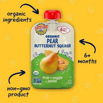 Earth's Best Organic Pear Butternut Squash Fruit  Veggie Puree 3.5 oz Pouch (Pack of 12)