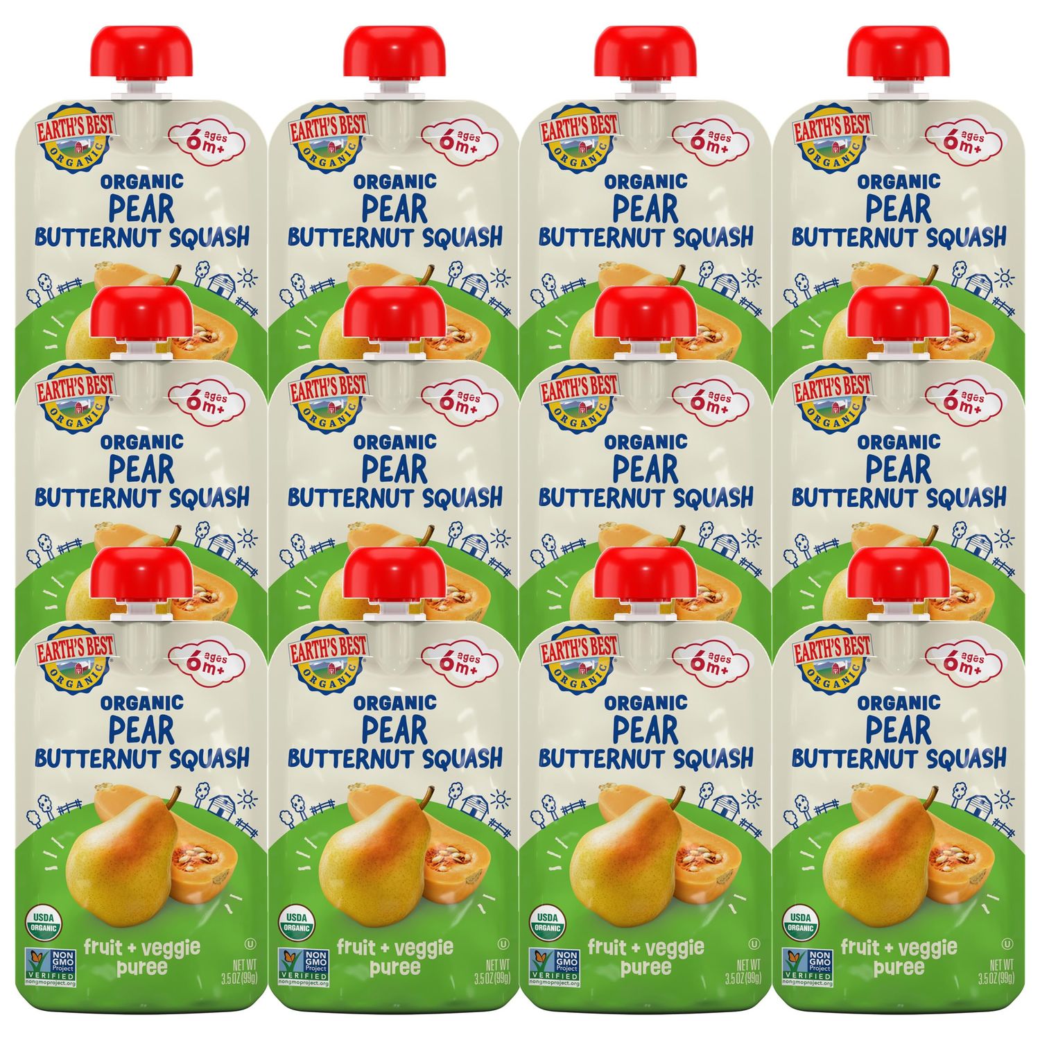 Earth&#39;s Best Organic Pear Butternut Squash Fruit  Veggie Puree 3.5 oz Pouch (Pack of 12)