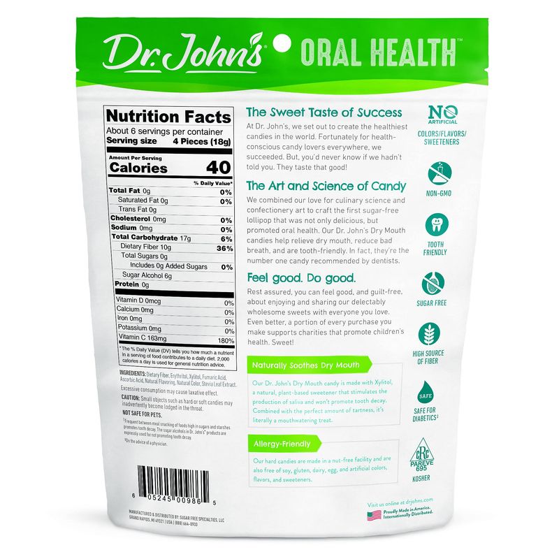 Dr. Johns Oral Health Sugar Free Candy, Healthy Dry Mouth Drops with Zero Sugar, Low Calorie Snacks, Keto Friendly Hard Candy Sweets, Tart Cherry, 24 Count, 3.85 OZ